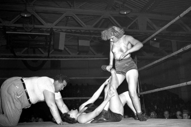 Mae Young, on the right, doing her thing.